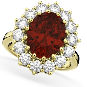Oval Garnet and Diamond Halo Lady Di Ring 14k Yellow Gold 6.40ct - All
