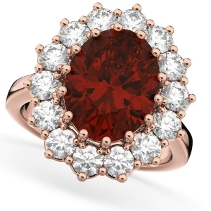 Oval Garnet and Diamond Halo Lady Di Ring 14k Rose Gold 6.40ct - All