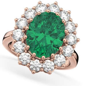 Oval Emerald and Diamond Halo Lady Di Ring 14k Rose Gold 6.40ct - All