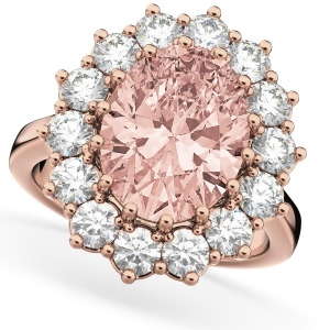 Oval Morganite and Diamond Halo Lady Di Ring 14k Rose Gold 6.40ct - All