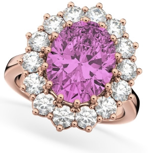 Oval Pink Sapphire and Diamond Halo Lady Di Ring 14k Rose Gold 6.40ct - All