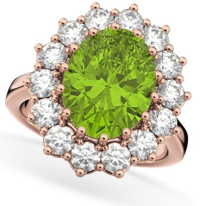 Oval Peridot and Diamond Halo Lady Di Ring 14k Rose Gold 6.40ct - All
