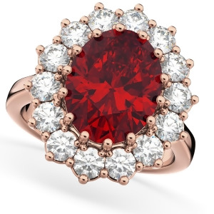 Oval Ruby and Diamond Halo Lady Di Ring 14k Rose Gold 6.40ct - All