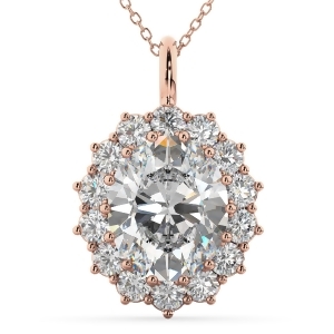 Oval Moissanite and Diamond Halo Pendant Necklace 14k Rose Gold 6.40ct - All