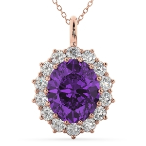 Oval Amethyst and Diamond Halo Pendant Necklace 14k Rose Gold 6.40ct - All