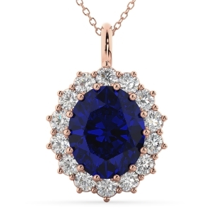 Oval Blue Sapphire and Diamond Halo Pendant Necklace 14k Rose Gold 6.40ct - All