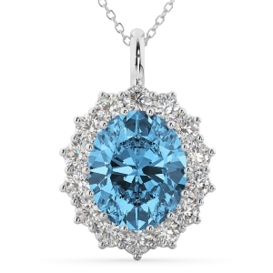 Oval Blue Topaz and Diamond Halo Pendant Necklace 14k White Gold 6.40ct - All