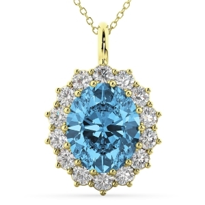 Oval Blue Topaz and Diamond Halo Pendant Necklace 14k Yellow Gold 6.40ct - All