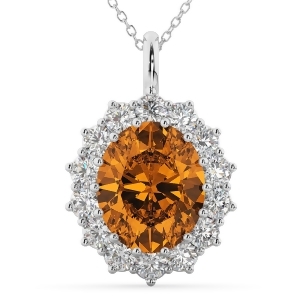 Oval Citrine and Diamond Halo Pendant Necklace 14k White Gold 6.40ct - All