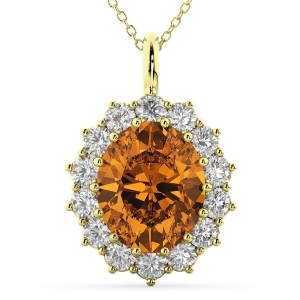 Oval Citrine and Diamond Halo Pendant Necklace 14k Yellow Gold 6.40ct - All