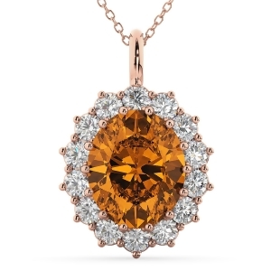 Oval Citrine and Diamond Halo Pendant Necklace 14k Rose Gold 6.40ct - All