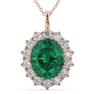 Oval Emerald and Diamond Halo Pendant Necklace 14k Rose Gold 6.40ct - All