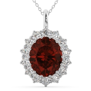 Oval Garnet and Diamond Halo Pendant Necklace 14k White Gold 6.40ct - All