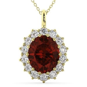 Oval Garnet and Diamond Halo Pendant Necklace 14k Yellow Gold 6.40ct - All
