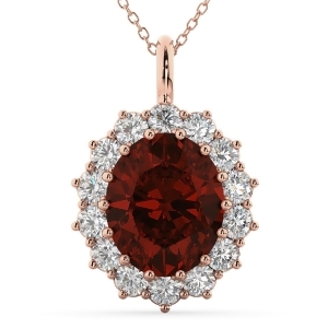 Oval Garnet and Diamond Halo Pendant Necklace 14k Rose Gold 6.40ct - All