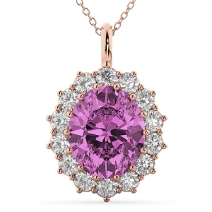 Oval Pink Sapphire and Diamond Halo Pendant Necklace 14k Rose Gold 6.40ct - All