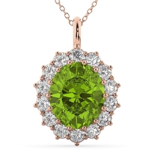 Oval Peridot and Diamond Halo Pendant Necklace 14k Rose Gold 6.40ct - All