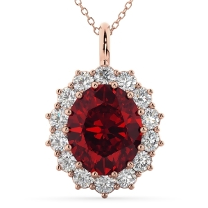 Oval Ruby and Diamond Halo Pendant Necklace 14k Rose Gold 6.40ct - All