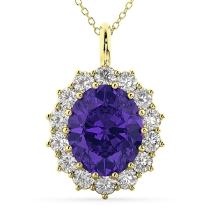 Oval Tanzanite and Diamond Halo Pendant Necklace 14k Yellow Gold 6.40ct - All