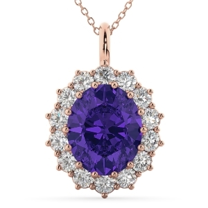 Oval Tanzanite and Diamond Halo Pendant Necklace 14k Rose Gold 6.40ct - All