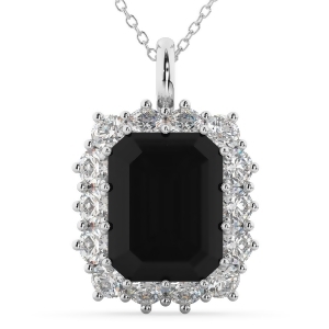 Emerald Cut Black Diamond and Diamond Pendant 14k White Gold 5.68ct - All