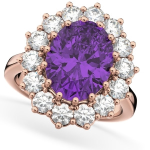 Oval Amethyst and Diamond Halo Lady Di Ring 14k Rose Gold 6.40ct - All