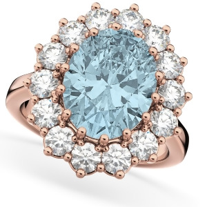 Oval Aquamarine and Diamond Halo Lady Di Ring 14k Rose Gold 6.40ct - All