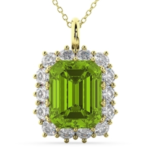 Emerald Cut Peridot and Diamond Pendant 14k Yellow Gold 5.68ct - All