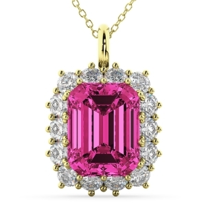 Emerald Cut Pink Tourmaline and Diamond Pendant 14k Yellow Gold 5.68ct - All