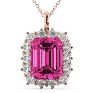 Emerald Cut Pink Tourmaline and Diamond Pendant 14k Rose Gold 5.68ct - All