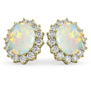 Oval Opal and Diamond Accented Earrings 14k Yellow Gold 10.80ctw - All