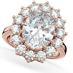 Oval Moissanite and Diamond Halo Lady Di Ring 14k Rose Gold 6.40ct - All