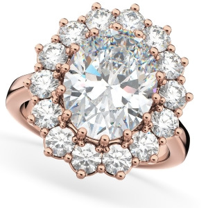 Oval Moissanite and Diamond Halo Lady Di Ring 14k Rose Gold 6.40ct - All
