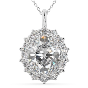 Oval Moissanite and Diamond Halo Pendant Necklace 14k White Gold 6.40ct - All