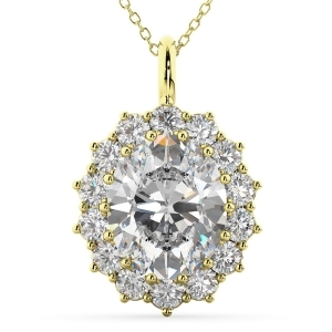 Oval Moissanite and Diamond Halo Pendant Necklace 14k Yellow Gold 6.40ct - All