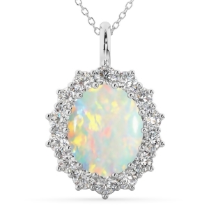 Oval Opal and Diamond Halo Pendant Necklace 14k White Gold 6.40ct - All