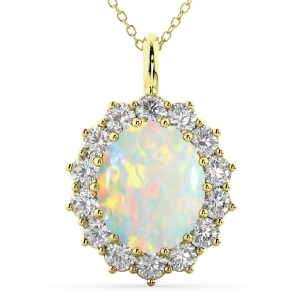 Oval Opal and Diamond Halo Pendant Necklace 14k Yellow Gold 6.40ct - All
