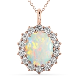 Oval Opal and Diamond Halo Pendant Necklace 14k Rose Gold 6.40ct - All