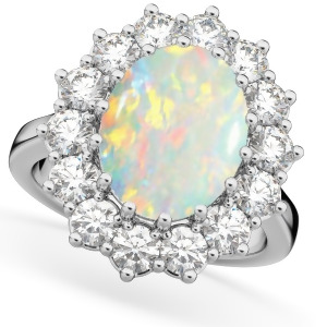 Oval Opal and Diamond Halo Lady Di Ring 14k White Gold 6.40ct - All