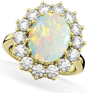 Oval Opal and Diamond Halo Lady Di Ring 14k Yellow Gold 6.40ct - All