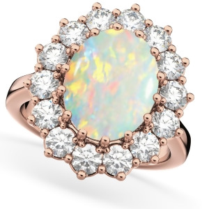 Oval Opal and Diamond Halo Lady Di Ring 14k Rose Gold 6.40ct - All