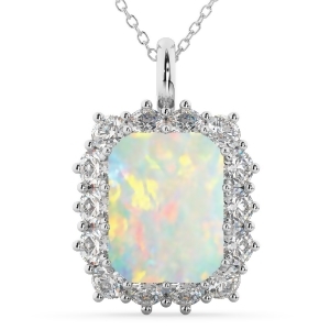 Emerald Cut Opal and Diamond Pendant 14k White Gold 5.68ct - All