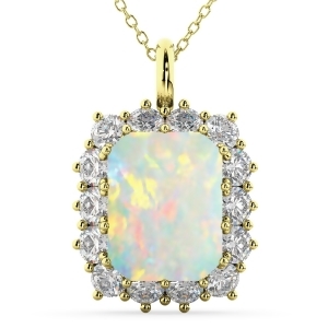 Emerald Cut Opal and Diamond Pendant 14k Yellow Gold 5.68ct - All