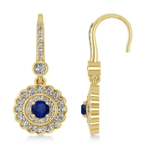 Diamond and Blue Sapphire Halo Drop Earrings 14K Yellow Gold 1.60ct - All