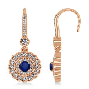 Diamond and Blue Sapphire Halo Drop Earrings 14K Rose Gold 1.60ct - All