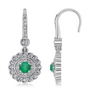 Diamond and Emerald Double Halo Drop Earrings 14K White Gold 1.60ct - All