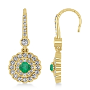 Diamond and Emerald Double Halo Drop Earrings 14K Yellow Gold 1.60ct - All