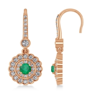Diamond and Emerald Double Halo Drop Earrings 14K Rose Gold 1.60ct - All