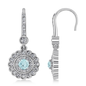 Diamond and Aquamarine Double Halo Drop Earrings 14K White Gold 1.60ct - All