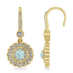 Diamond and Aquamarine Double Halo Drop Earrings 14K Yellow Gold 1.60ct - All